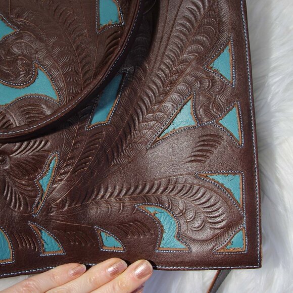 JL Saldivar Cutout Tooled Leather Large Purse Tote Bag, Dark Brown & Turquoise - Picture 14 of 16